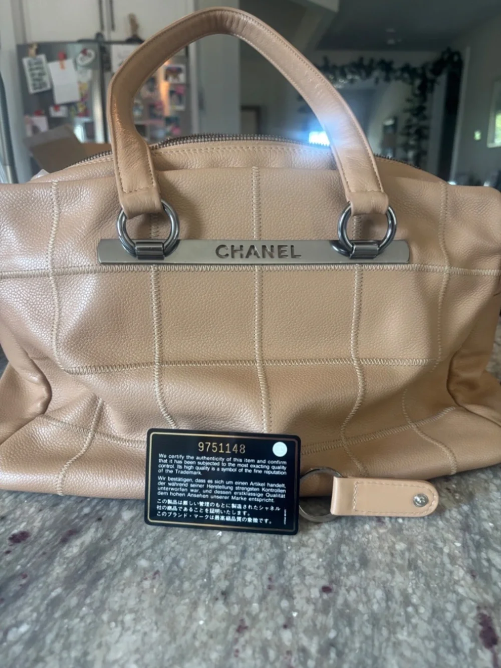 CHANEL VINTAGE Logo Bar East West Tote Beige Caviar Silver HW 9 series AUTH